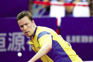 Jan-Ove Waldner of Sweden competes against Vladimir Samsonov during the third round of Men`s Singles of 48th World Table Tennis Championships in Shanghai 03 May 2005.